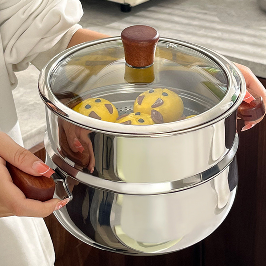 Multi-Purpose Stainless Steel Steamer Pot Set with Wooden handle