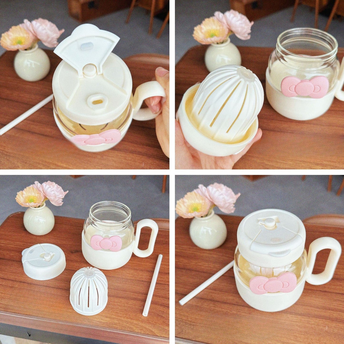 Kawaii Glass Beverage Mug with Lid & Straw (600 ml)