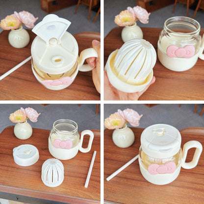 Kawaii Glass Beverage Mug with Lid & Straw (600 ml)