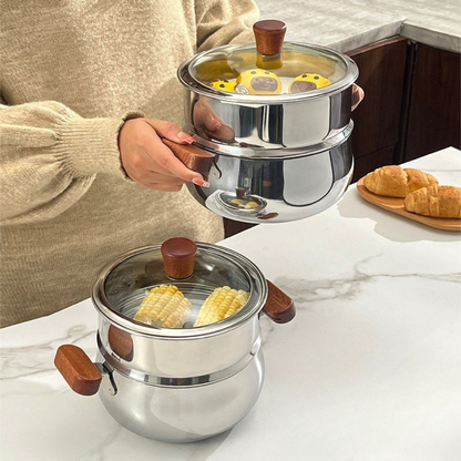 Multi-Purpose Stainless Steel Steamer Pot Set with Wooden handle