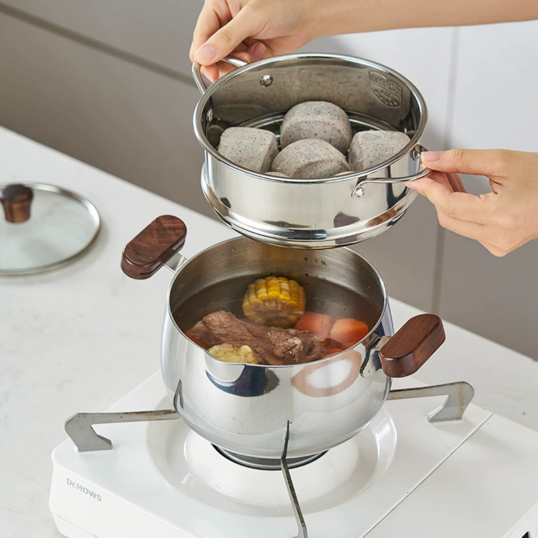 Multi-Purpose Stainless Steel Steamer Pot Set with Wooden handle