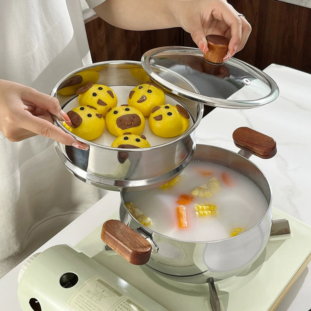 Multi-Purpose Stainless Steel Steamer Pot Set with Wooden handle