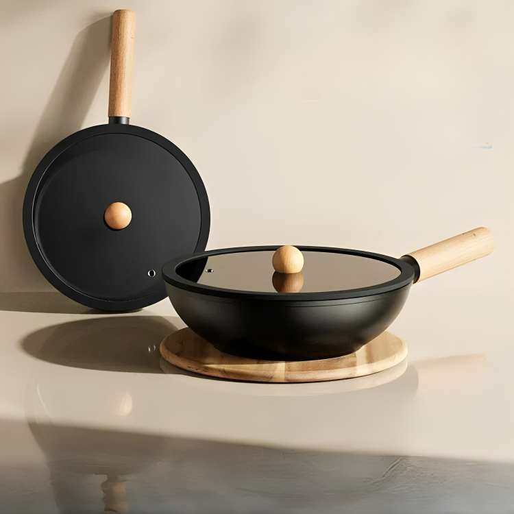 Non-Stick Wooden Handle Frying Pan with Lid