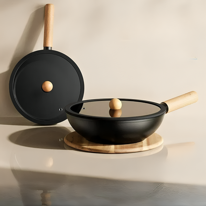 Non-Stick Wooden Handle Frying Pan with Lid