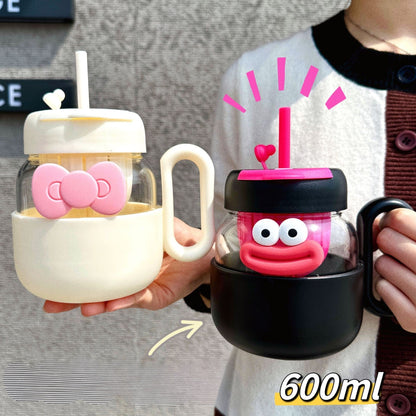 Kawaii Glass Beverage Mug with Lid & Straw (600 ml)
