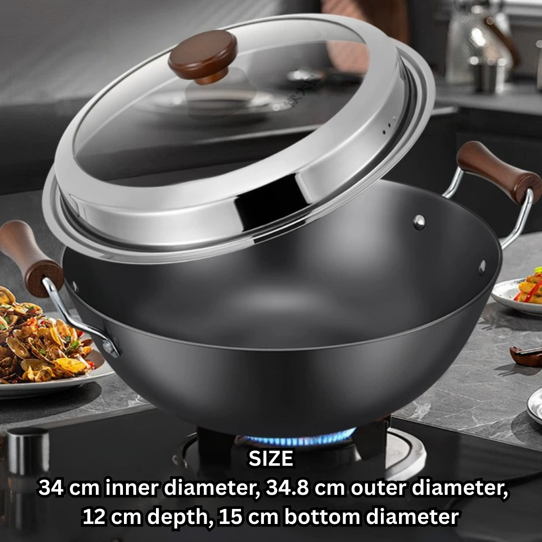 Multi-Purpose Cast Iron Large Capacity Deep Kadai with Wooden Handle