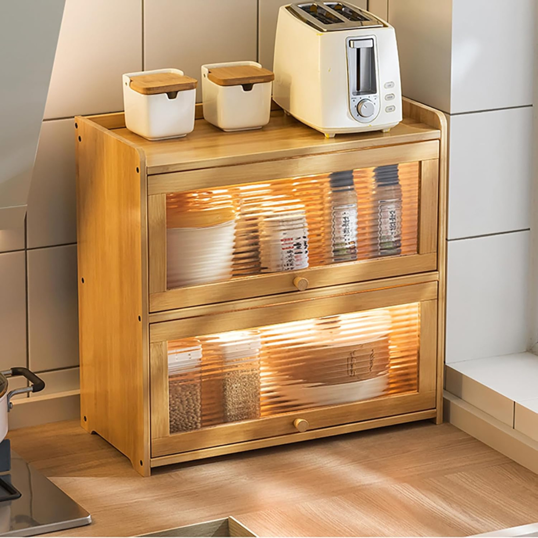 Two Tier Bamboo Countertop Storage Cabinet with Clear Acrylic Door