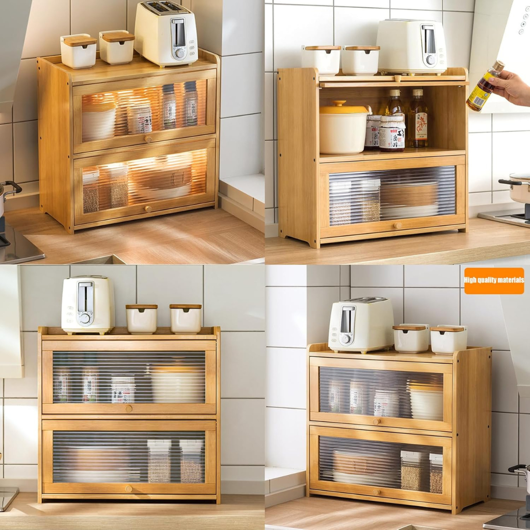 Two Tier Bamboo Countertop Storage Cabinet with Clear Acrylic Door
