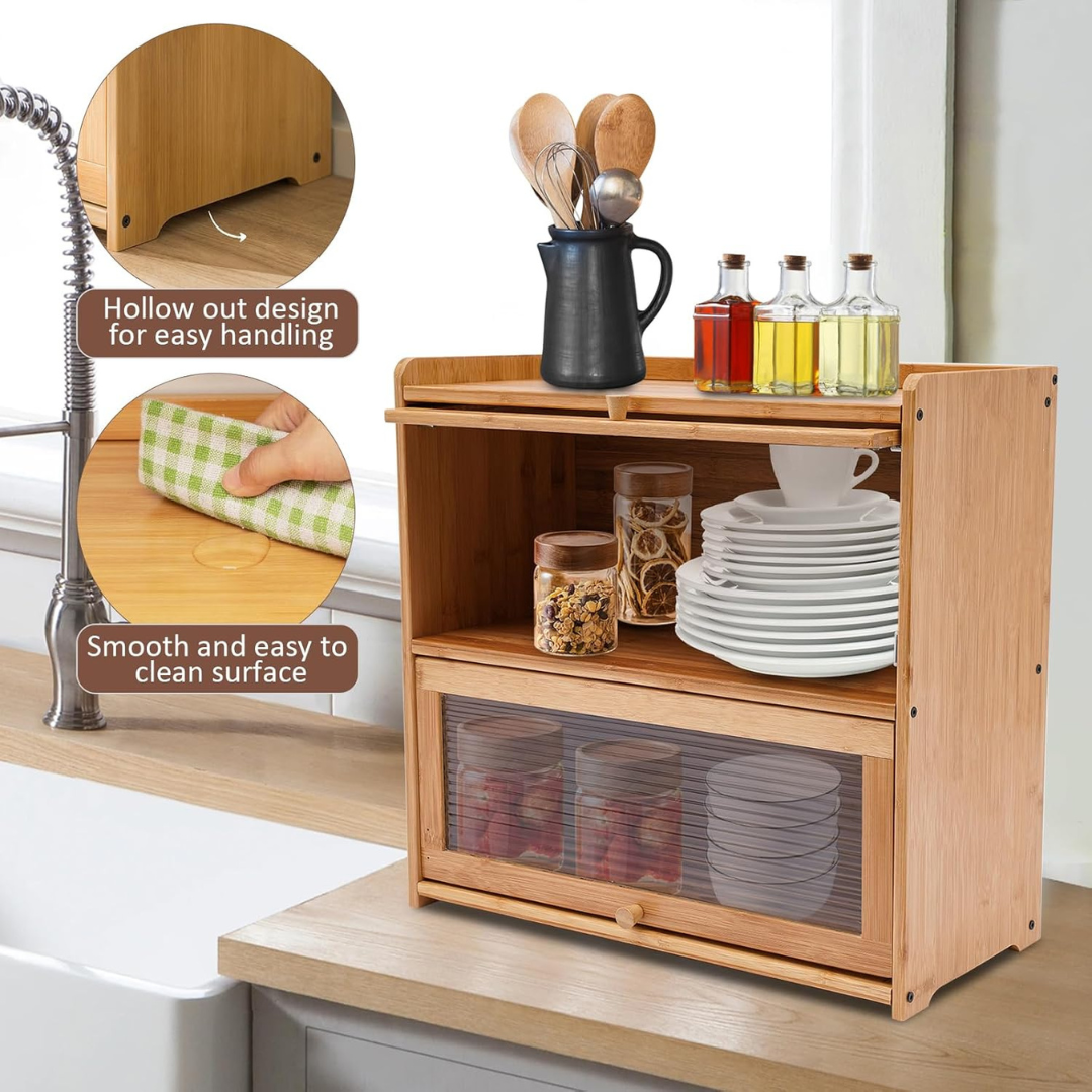 Two Tier Bamboo Countertop Storage Cabinet with Clear Acrylic Door