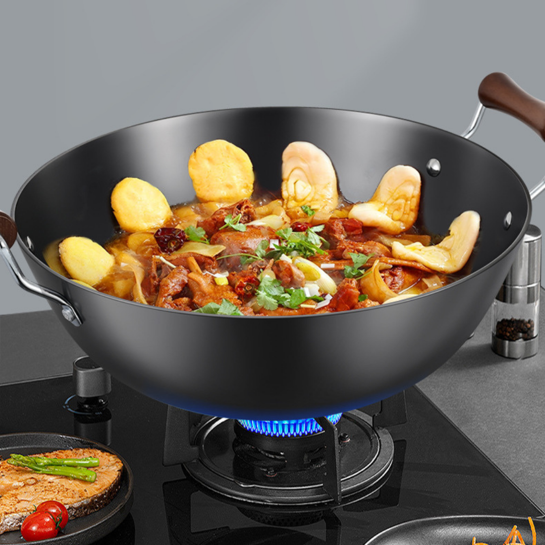 Multi-Purpose Cast Iron Large Capacity Deep Kadai with Wooden Handle