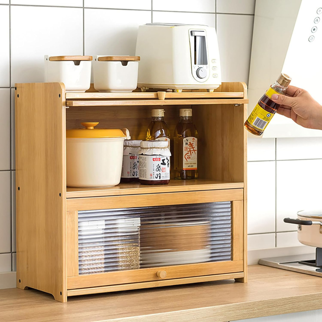Two Tier Bamboo Countertop Storage Cabinet with Clear Acrylic Door