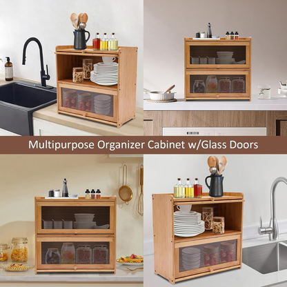 Two Tier Bamboo Countertop Storage Cabinet with Clear Acrylic Door