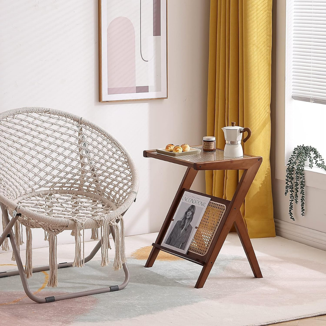 Elegant Z-Shape Boho Wooden Side Table with Toughened Glass Top
