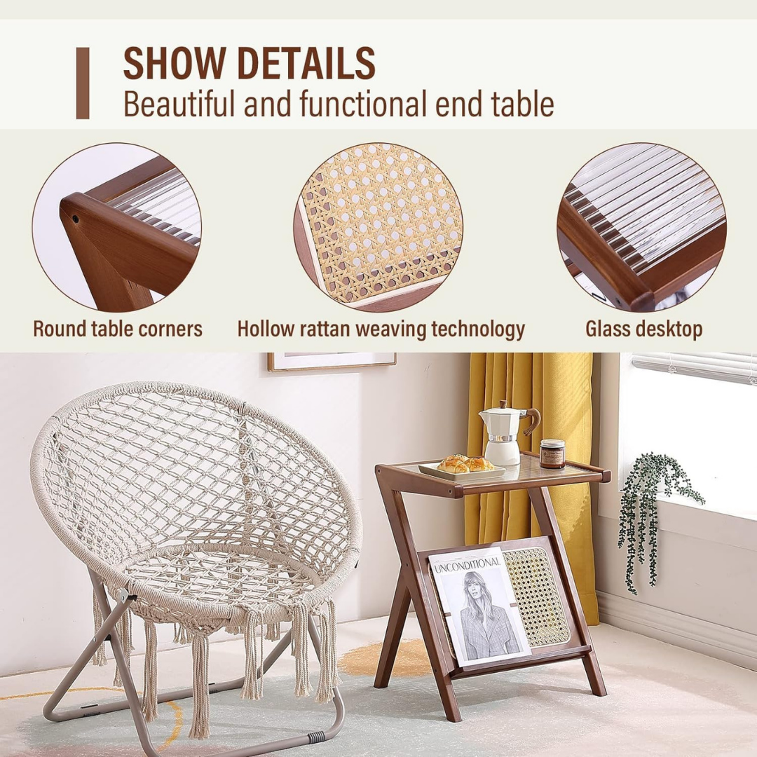 Elegant Z-Shape Boho Wooden Side Table with Toughened Glass Top