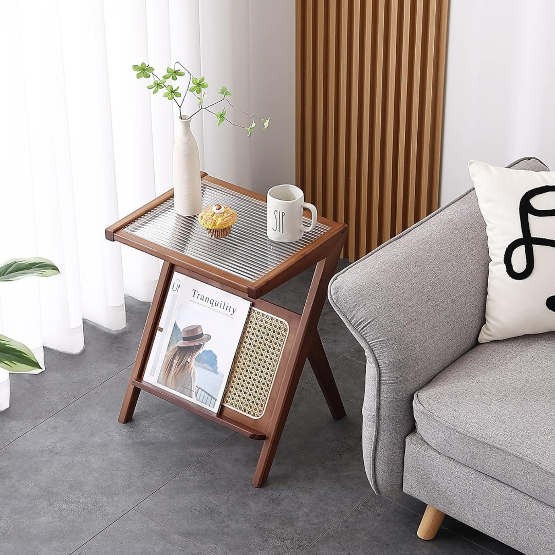 Elegant Z-Shape Boho Wooden Side Table with Toughened Glass Top