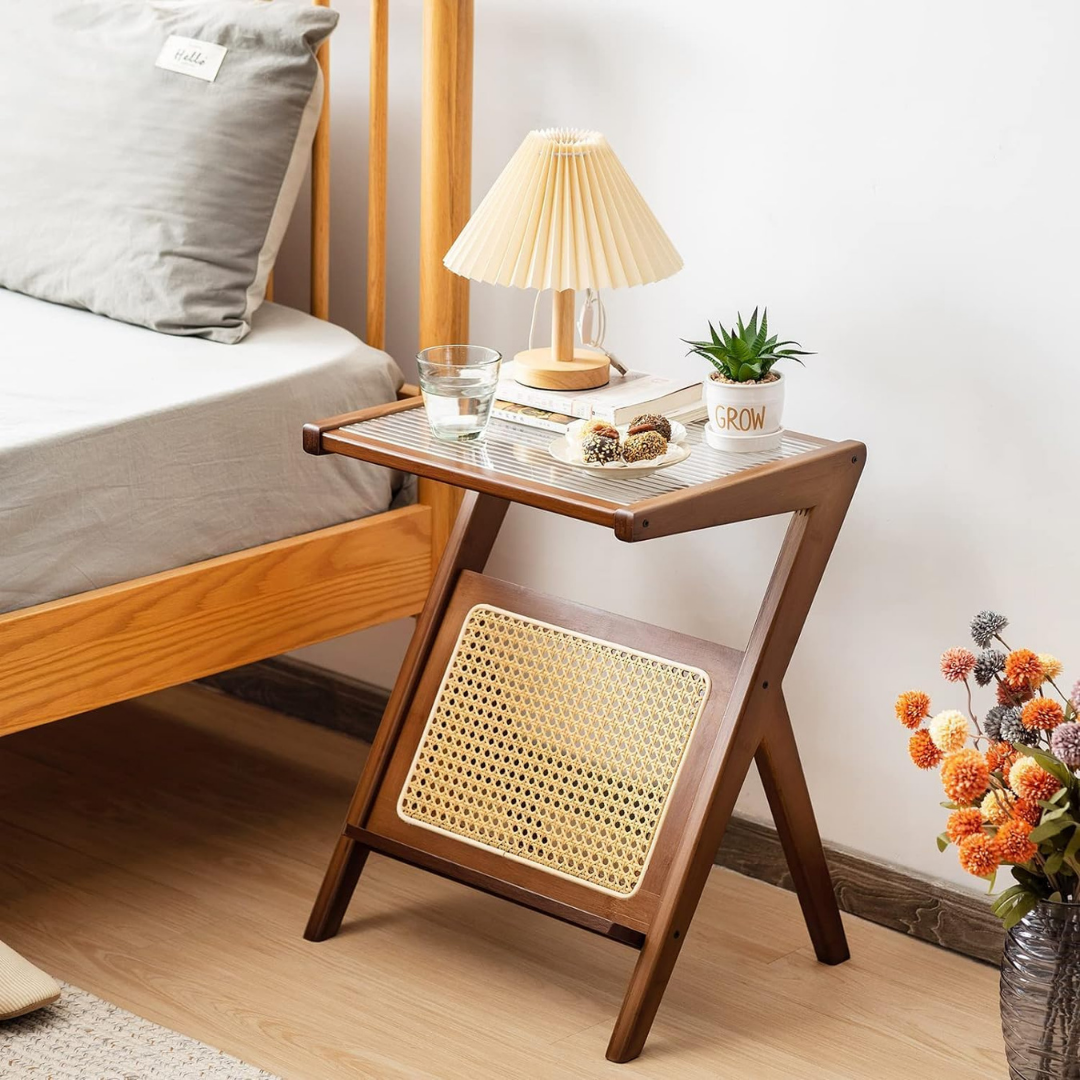 Elegant Z-Shape Boho Wooden Side Table with Toughened Glass Top