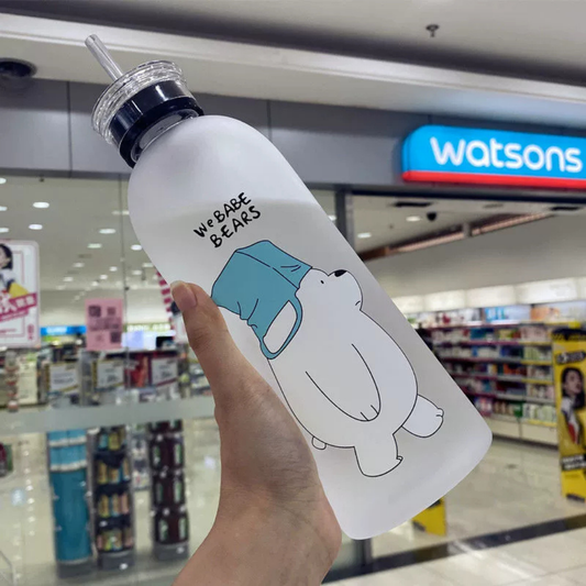 Cute Bear Straw Sports Water Bottle – Portable Frosted 1000ml Capacity