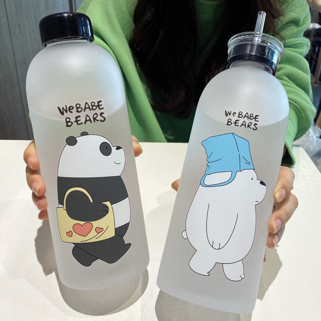 Cute Bear Straw Sports Water Bottle – Portable Frosted 1000ml Capacity