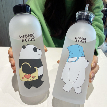 Cute Bear Straw Sports Water Bottle – Portable Frosted 1000ml Capacity