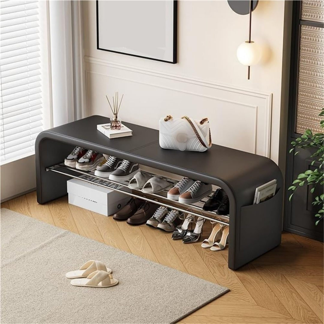 2-Tier Modern PU Leather Shoe Bench with Hidden Pocket