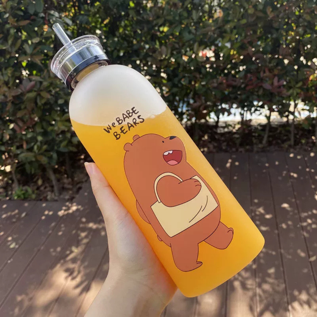 Cute Bear Straw Sports Water Bottle – Portable Frosted 1000ml Capacity