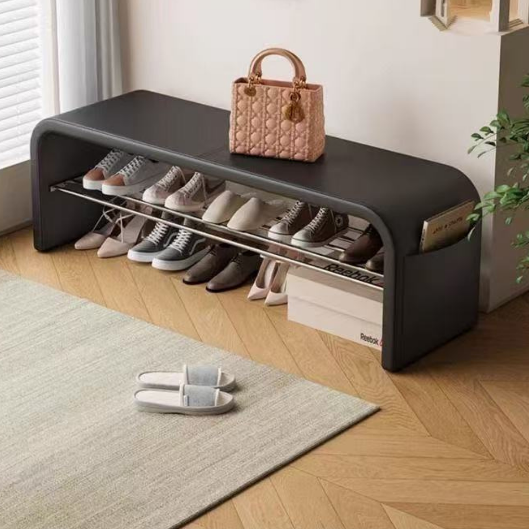 2-Tier Modern PU Leather Shoe Bench with Hidden Pocket