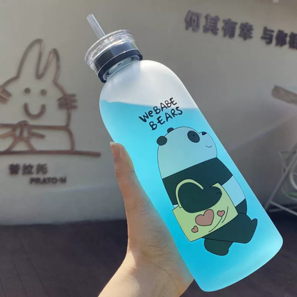Cute Bear Straw Sports Water Bottle – Portable Frosted 1000ml Capacity