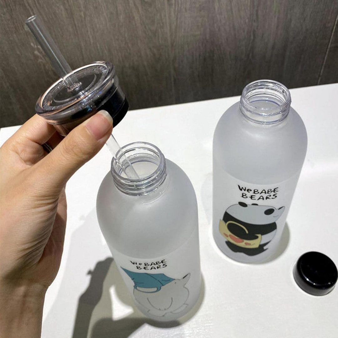 Cute Bear Straw Sports Water Bottle – Portable Frosted 1000ml Capacity