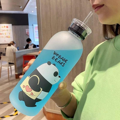 Cute Bear Straw Sports Water Bottle – Portable Frosted 1000ml Capacity
