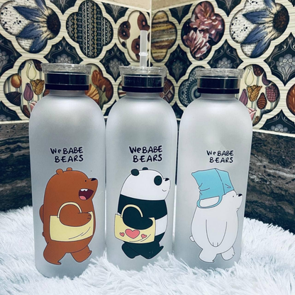 Cute Bear Straw Sports Water Bottle – Portable Frosted 1000ml Capacity