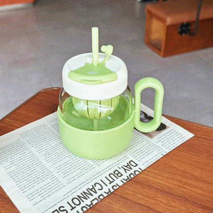 Kawaii Glass Beverage Mug with Lid & Straw (600 ml)
