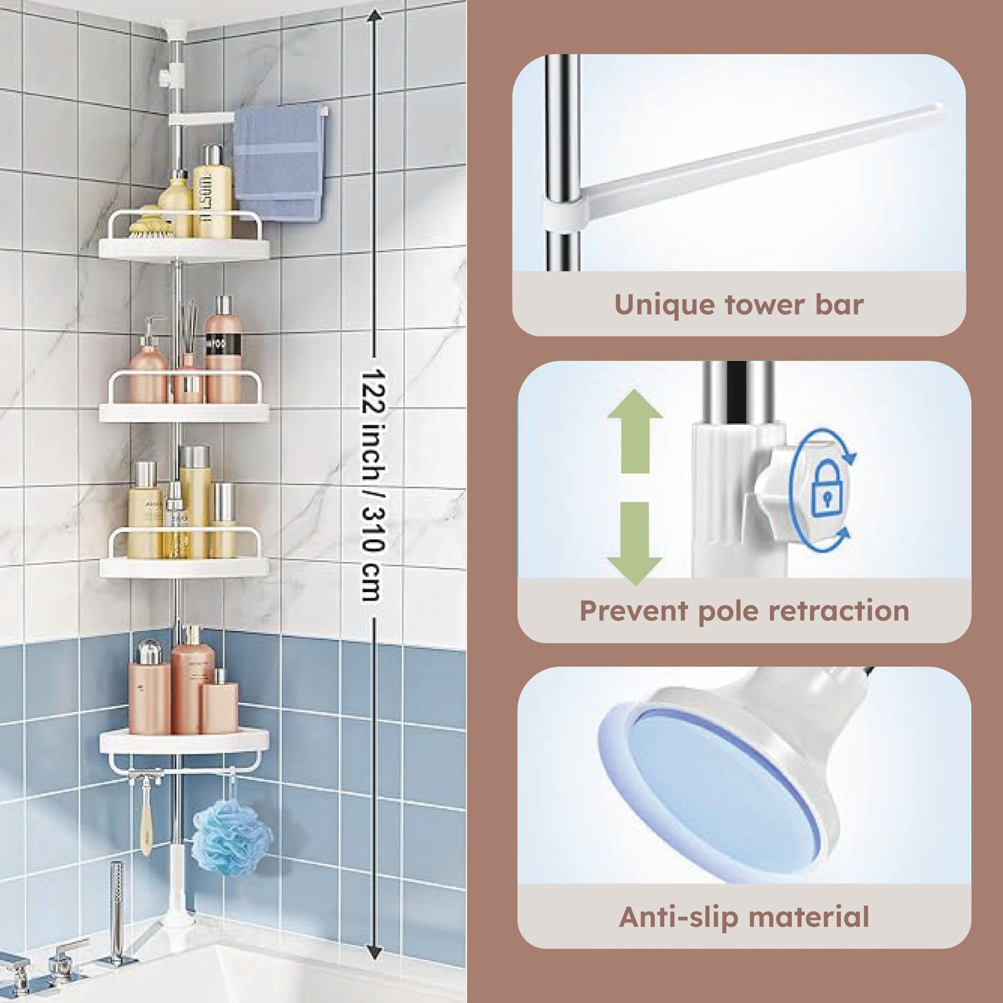 Multipurpose Bathroom Corner Adjustable Storage Rack - 4 Tier 310 cm