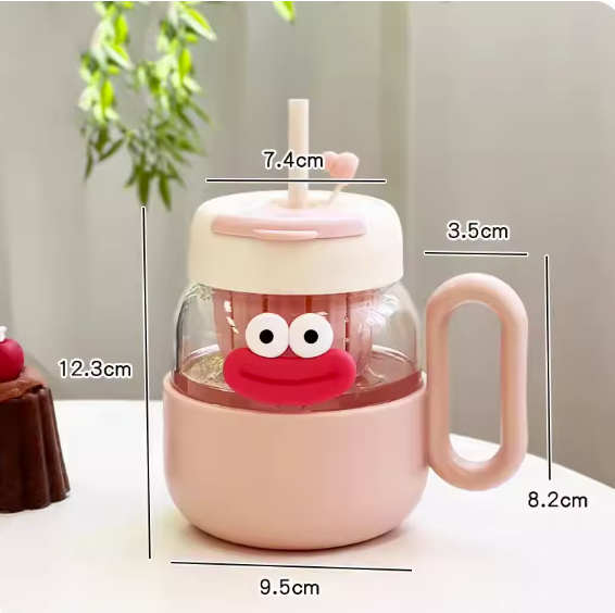 Kawaii Glass Beverage Mug with Lid & Straw (600 ml)