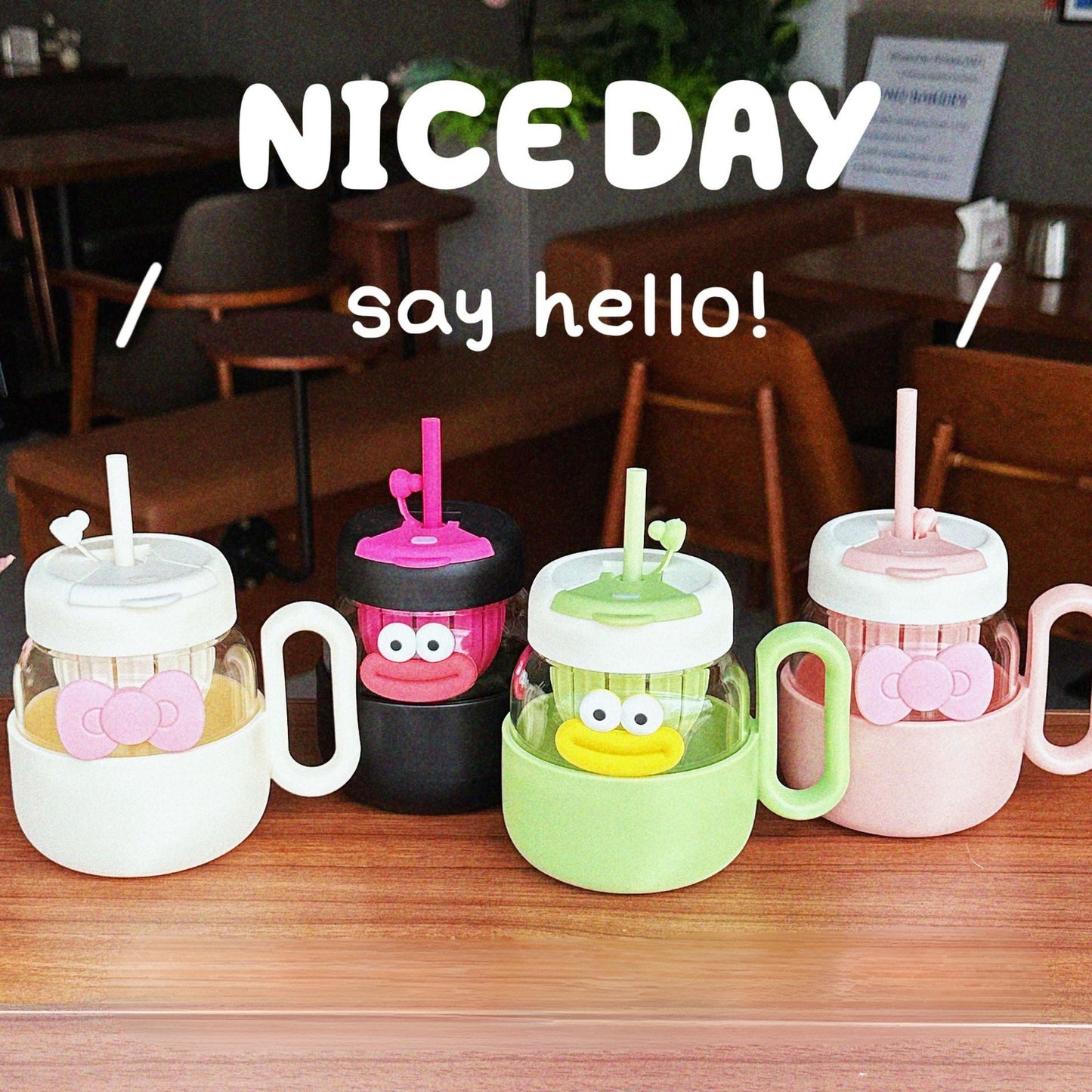 Kawaii Glass Beverage Mug with Lid & Straw (600 ml)