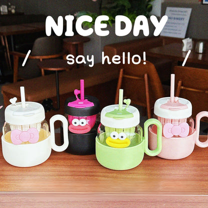 Kawaii Glass Beverage Mug with Lid & Straw (600 ml)